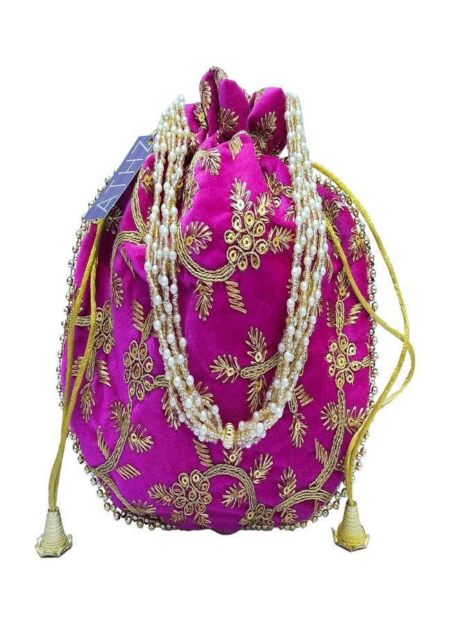 ATHZ Potli Bag Velvet Golden work wedding potli for ladies Gift for women handbags traditional Indian Wristlet with Drawstring Ethnic Embroidery Women Fashion Potli (Gold,Pink) - Image 1